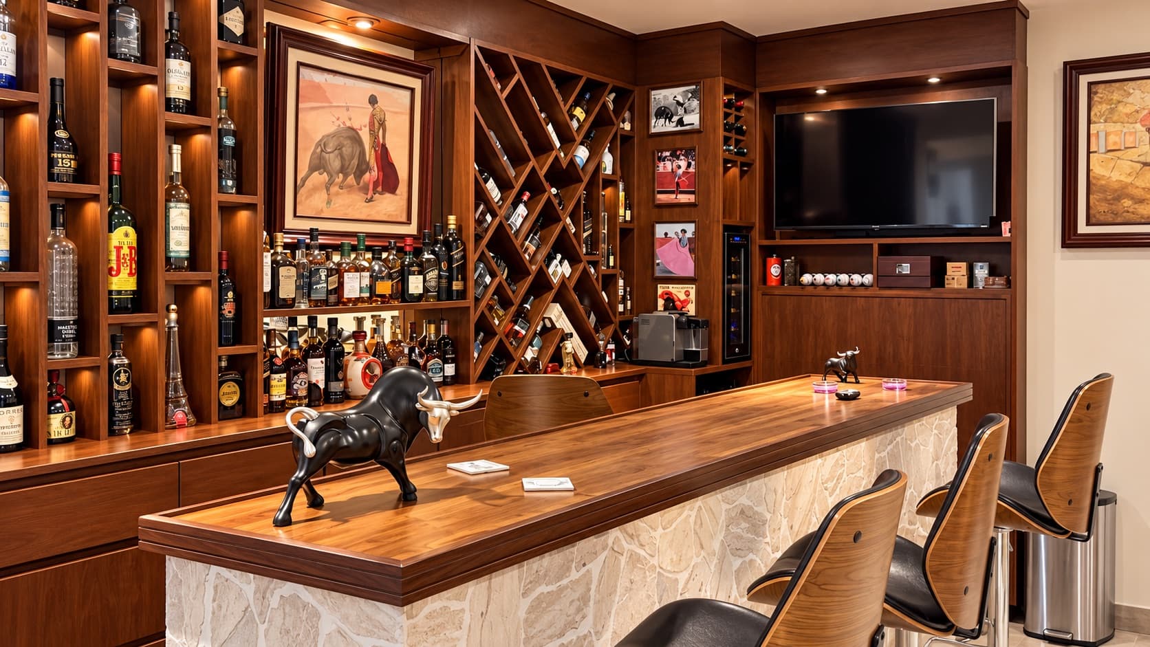Cava subterránea de Casa Eugenia III con barra de madera y repisas para botellas