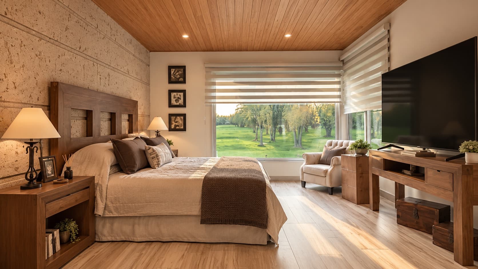 Recámara principal de Casa Eugenia III con ventanal al campo de golf