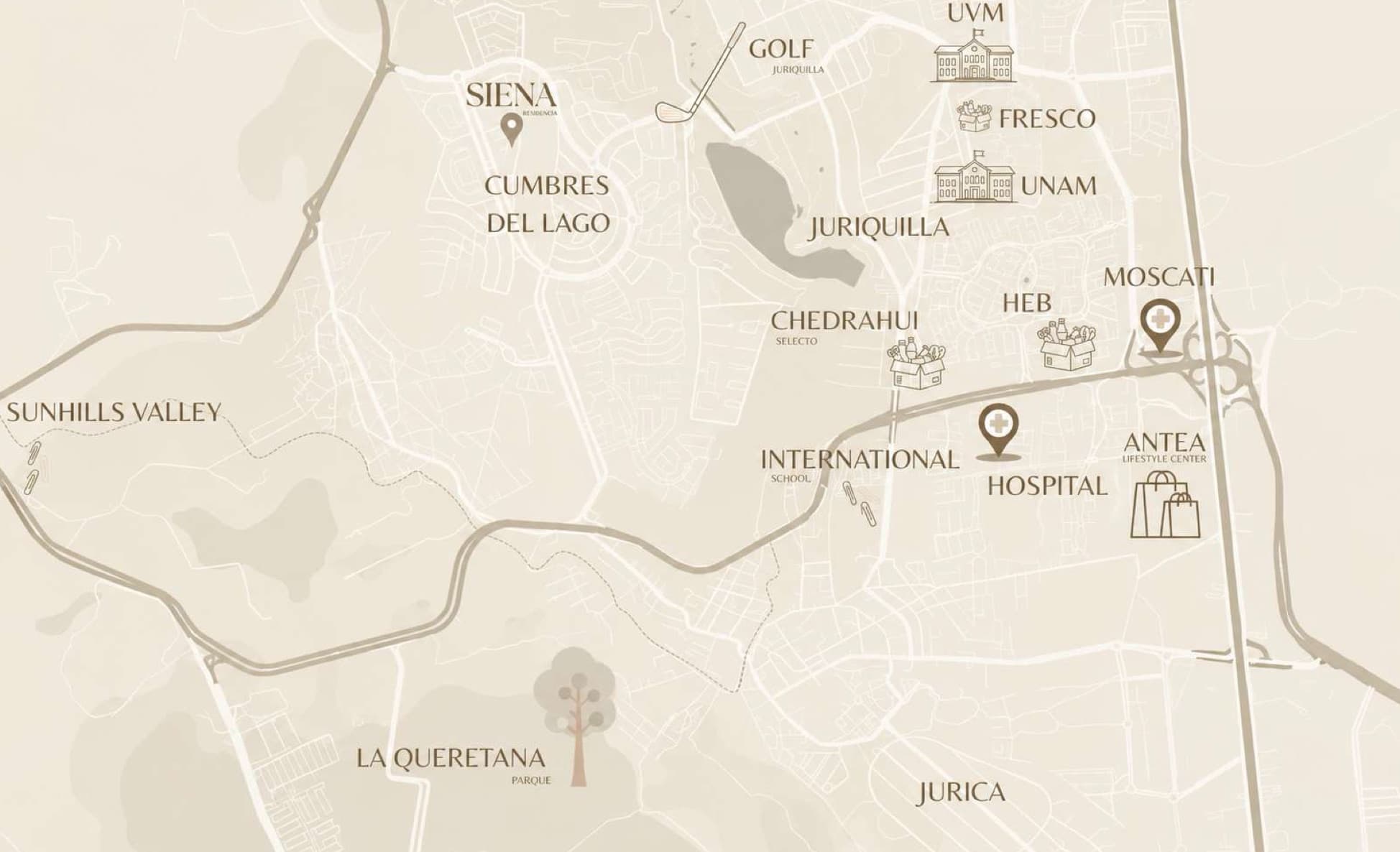 Area map: Casa Siena in Cumbres del Lago, near Golf Juriquilla, UVM, UNAM, HEB, Chedraui Selecto, hospitals and Antea Lifestyle Center