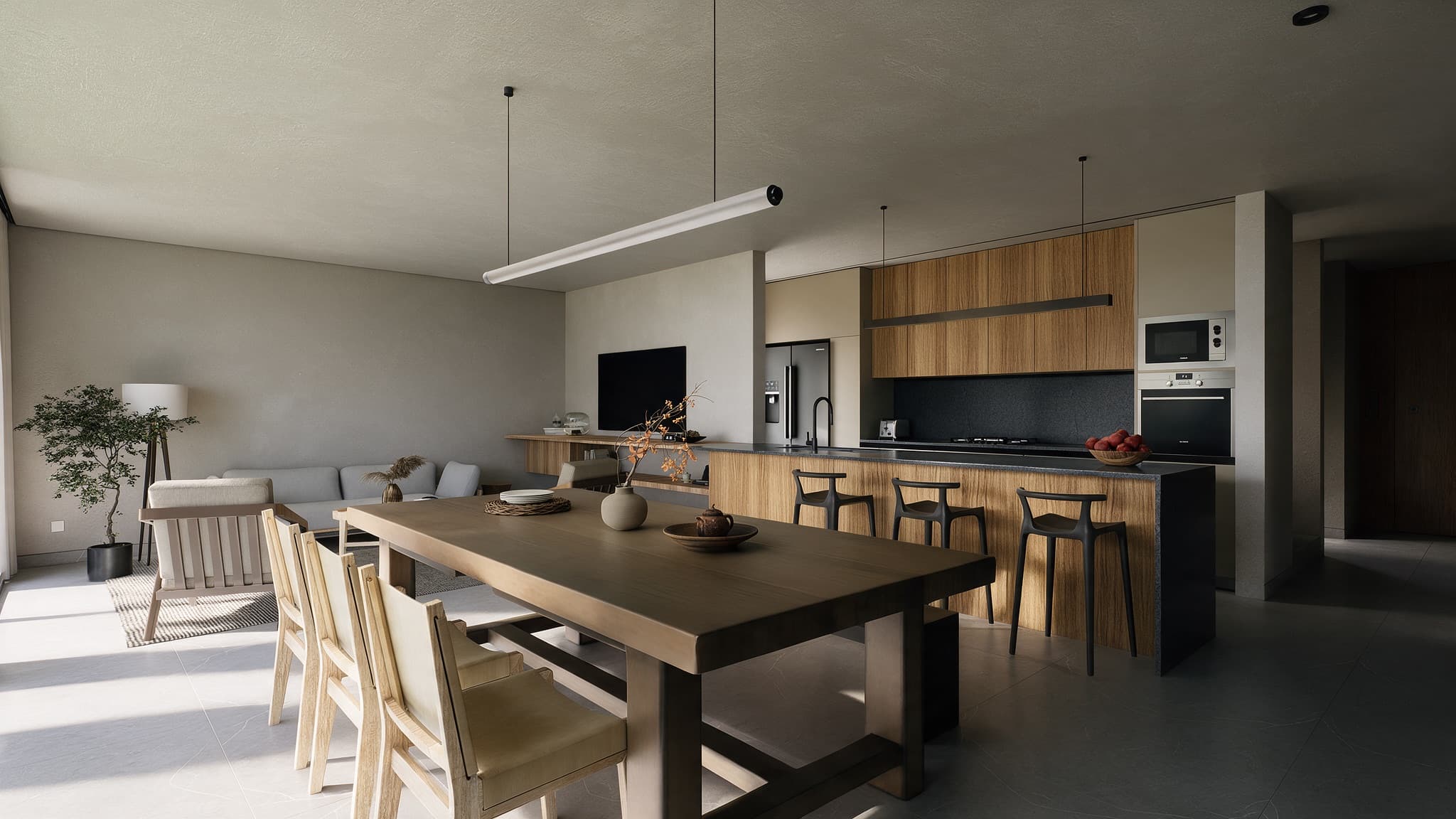 Casa Siena living area: wooden dining table, lounge and open kitchen