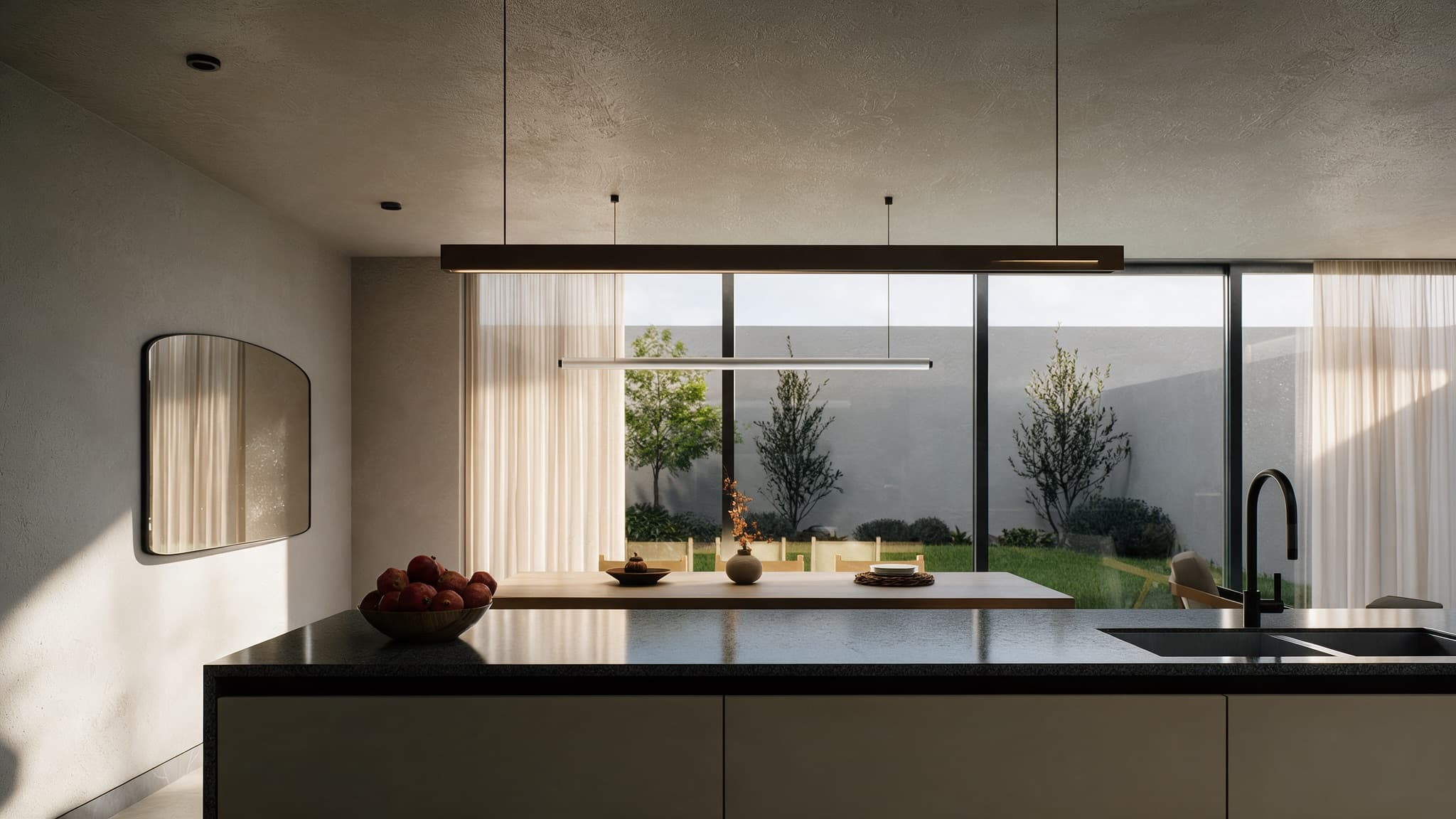 Casa Siena breakfast bar with granite counter and a view of the garden