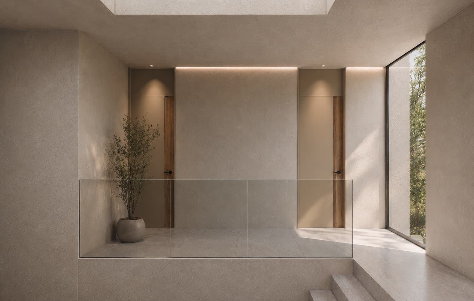 Upper-floor landing at Casa Siena with a glass railing and skylight