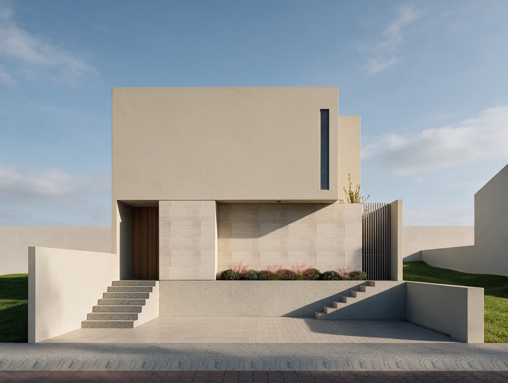 Front façade of Casa Siena in Cumbres del Lago, Juriquilla: light volume, stone wall and entry steps