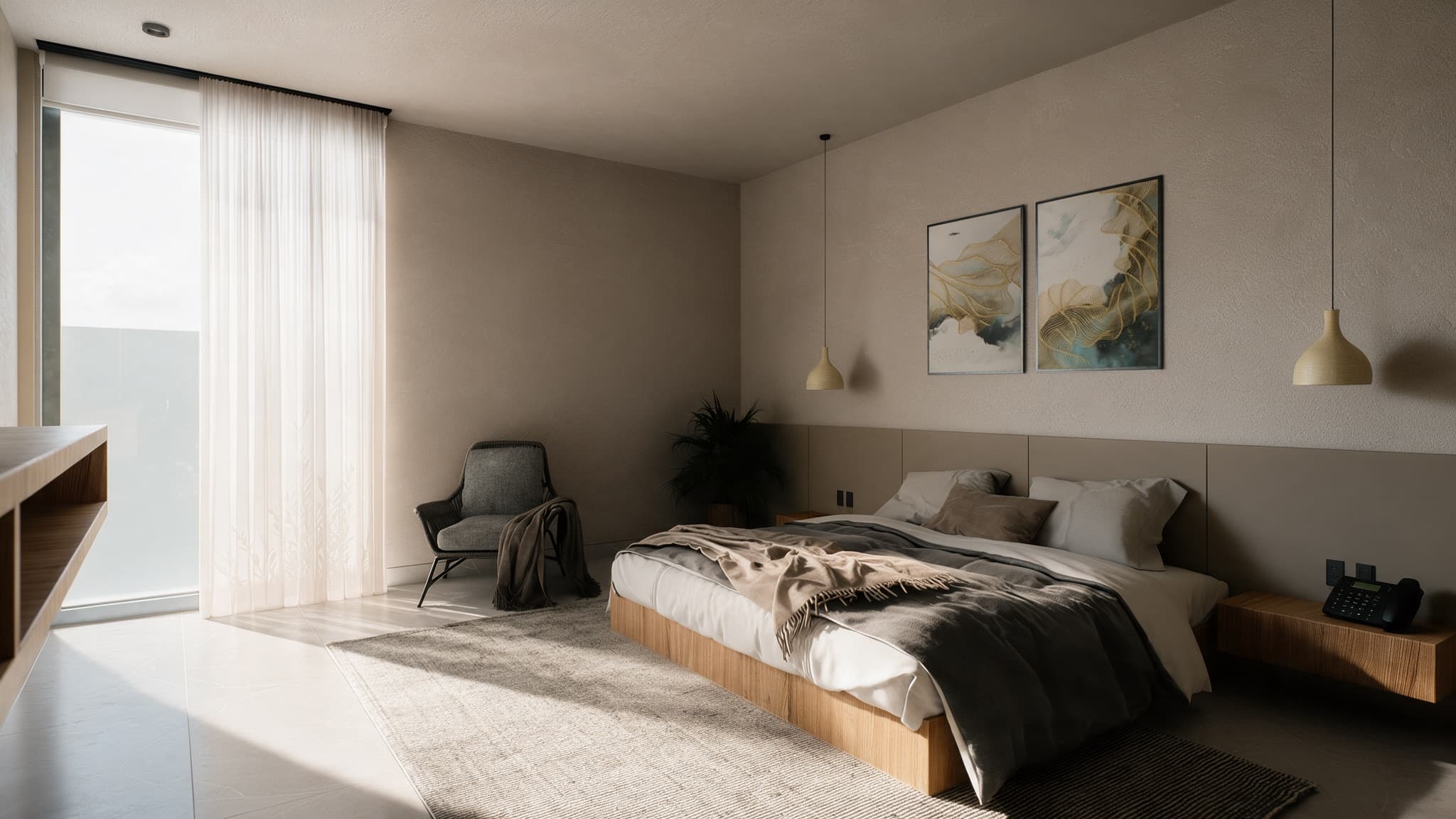 Casa Siena primary bedroom with a large window and sheer curtains