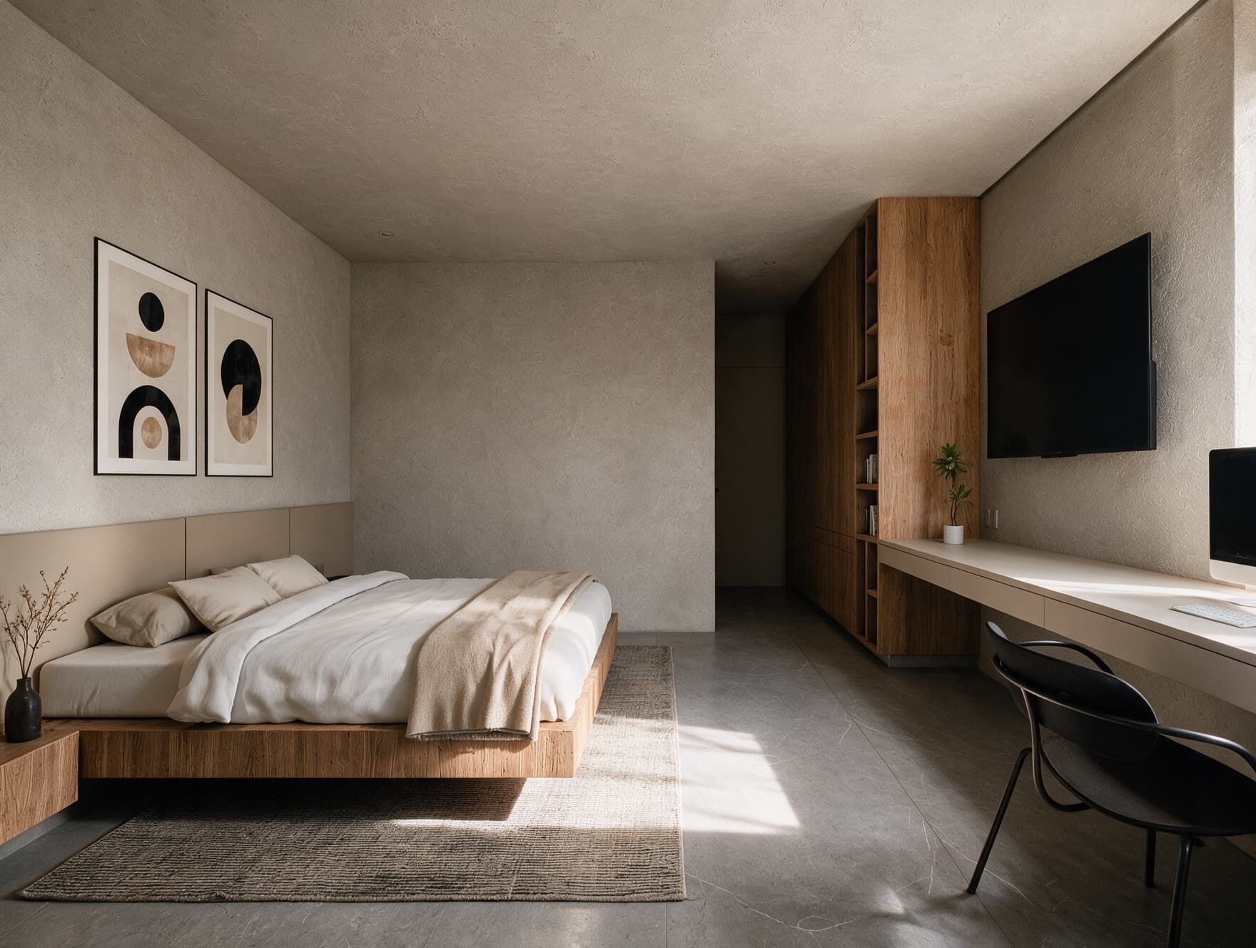 Casa Siena secondary bedroom with a desk and wooden cabinetry