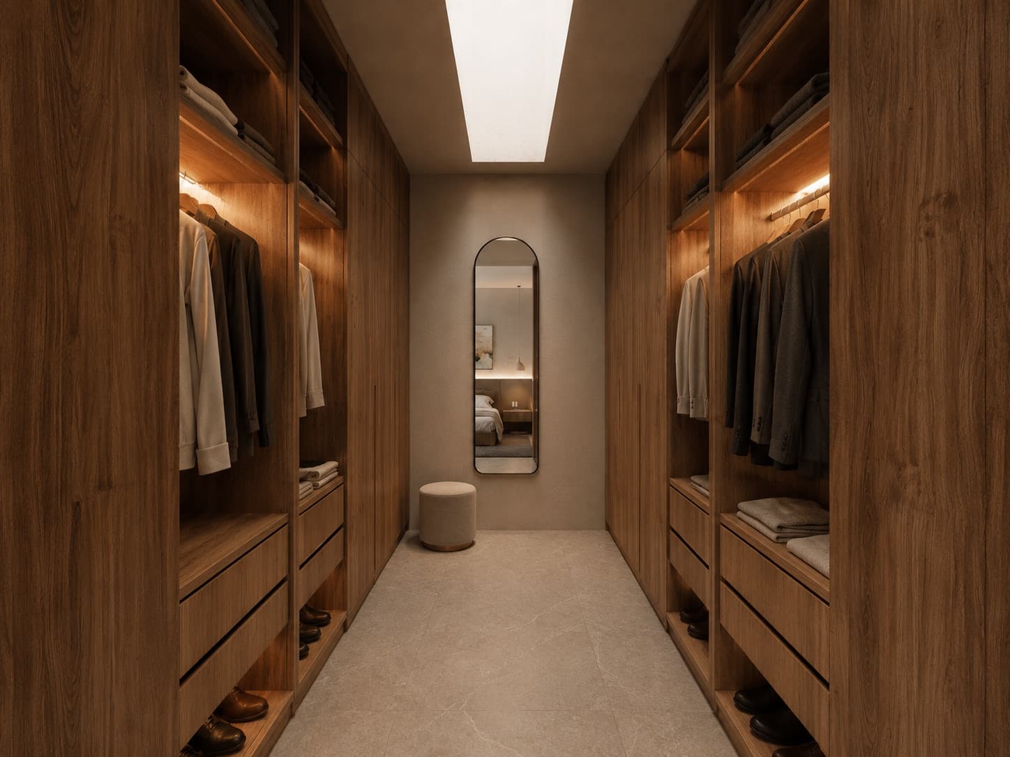 Primary walk-in closet at Casa Siena with lit wooden wardrobes