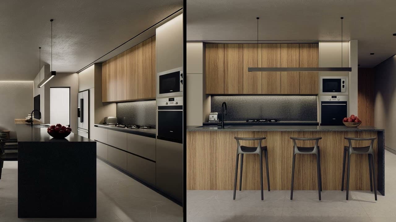Casa Siena kitchen with a granite peninsula, wood cabinetry and oven tower