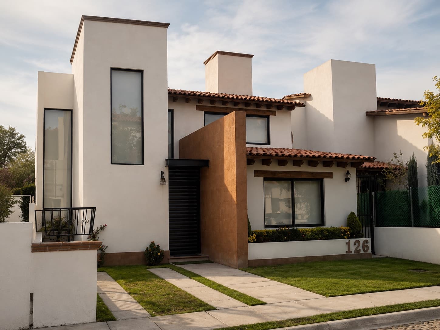Fachada mexicana contemporánea de Casa De la Torre, con torre blanca, teja y piedra, en Tequisquiapan